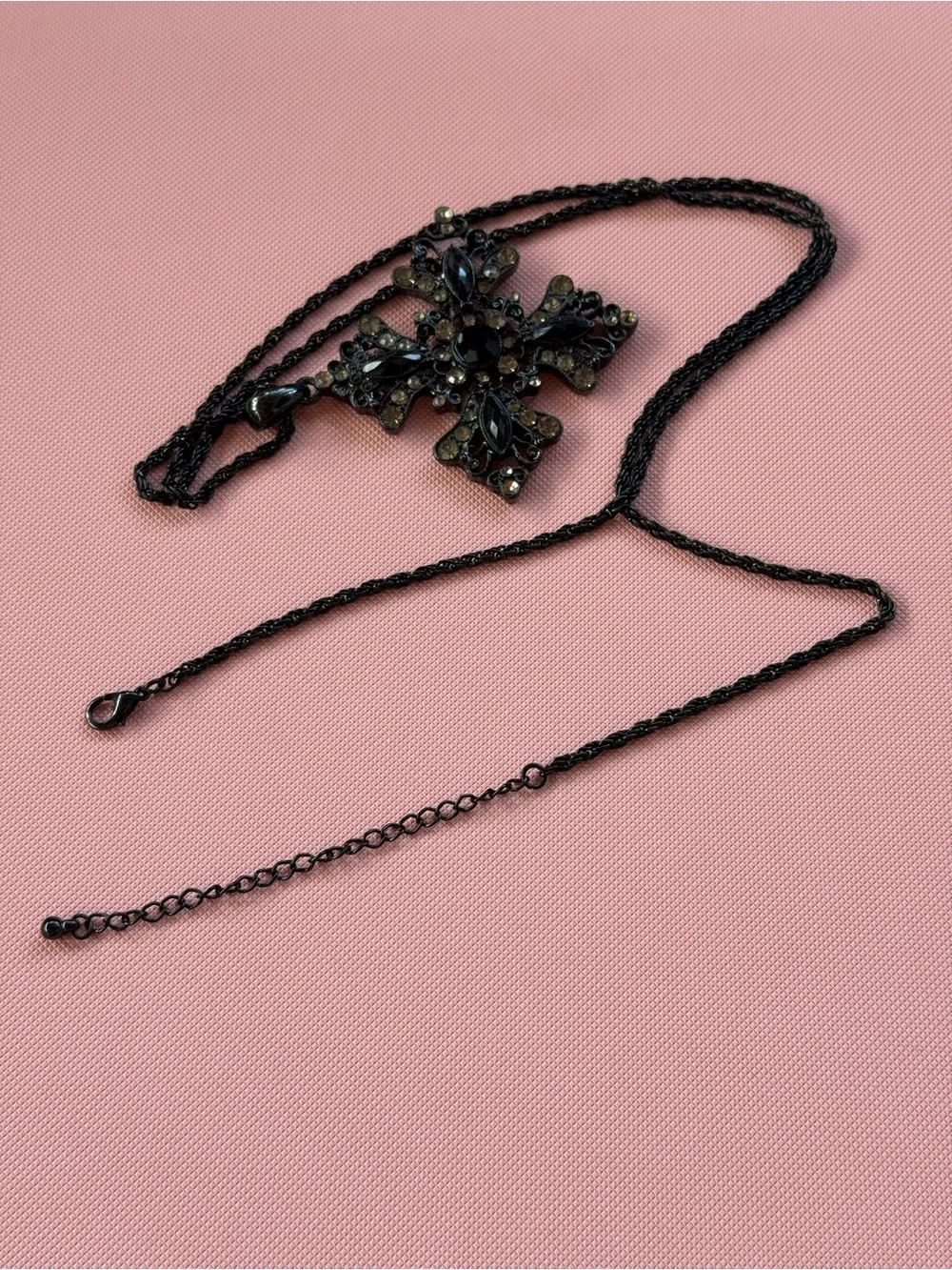 Black Crystal-like Jeweled Cross Pendant Necklace Chain. 15 inch Costume Jewelry